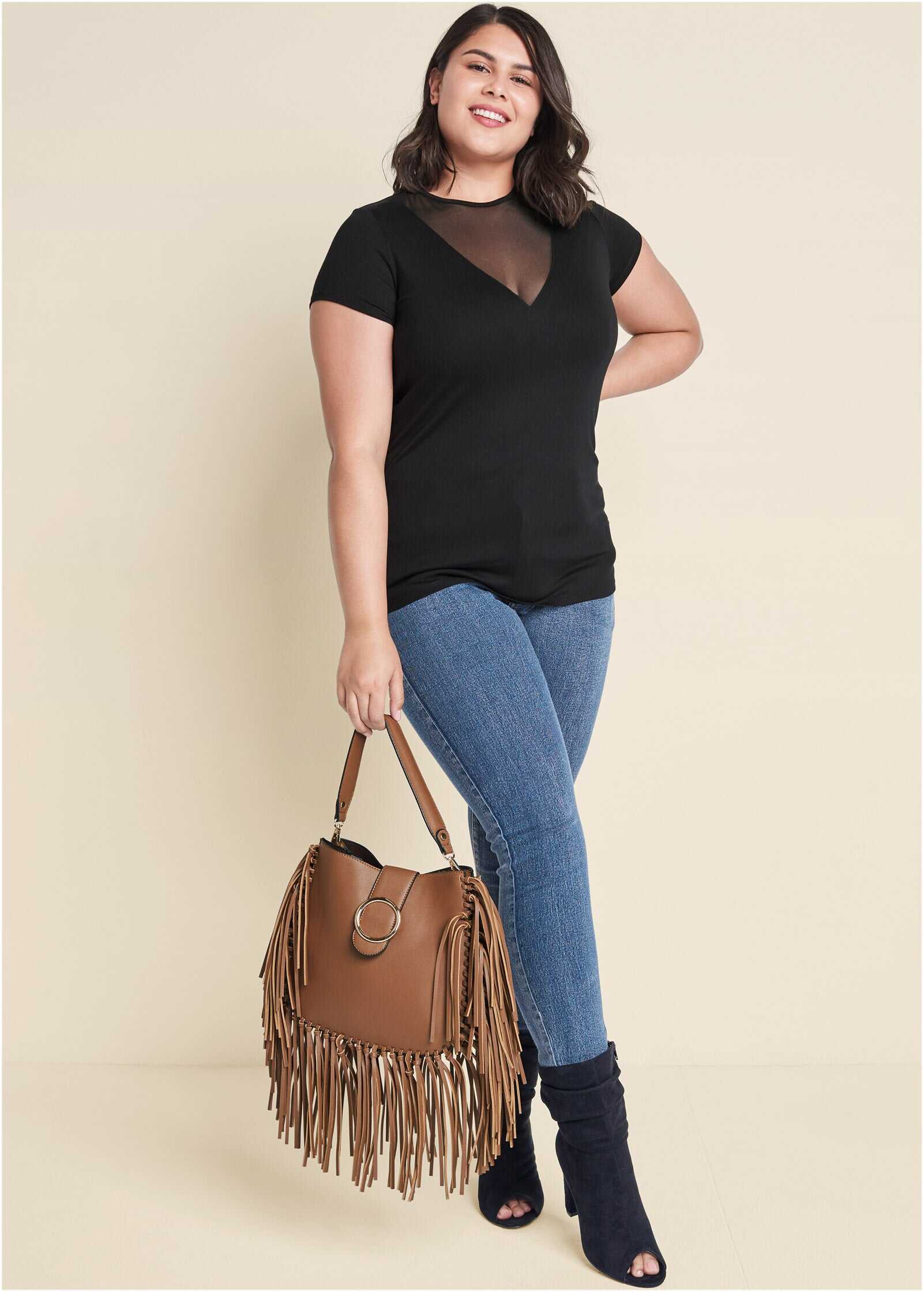 Mesh Detail V-Neck Top - Black