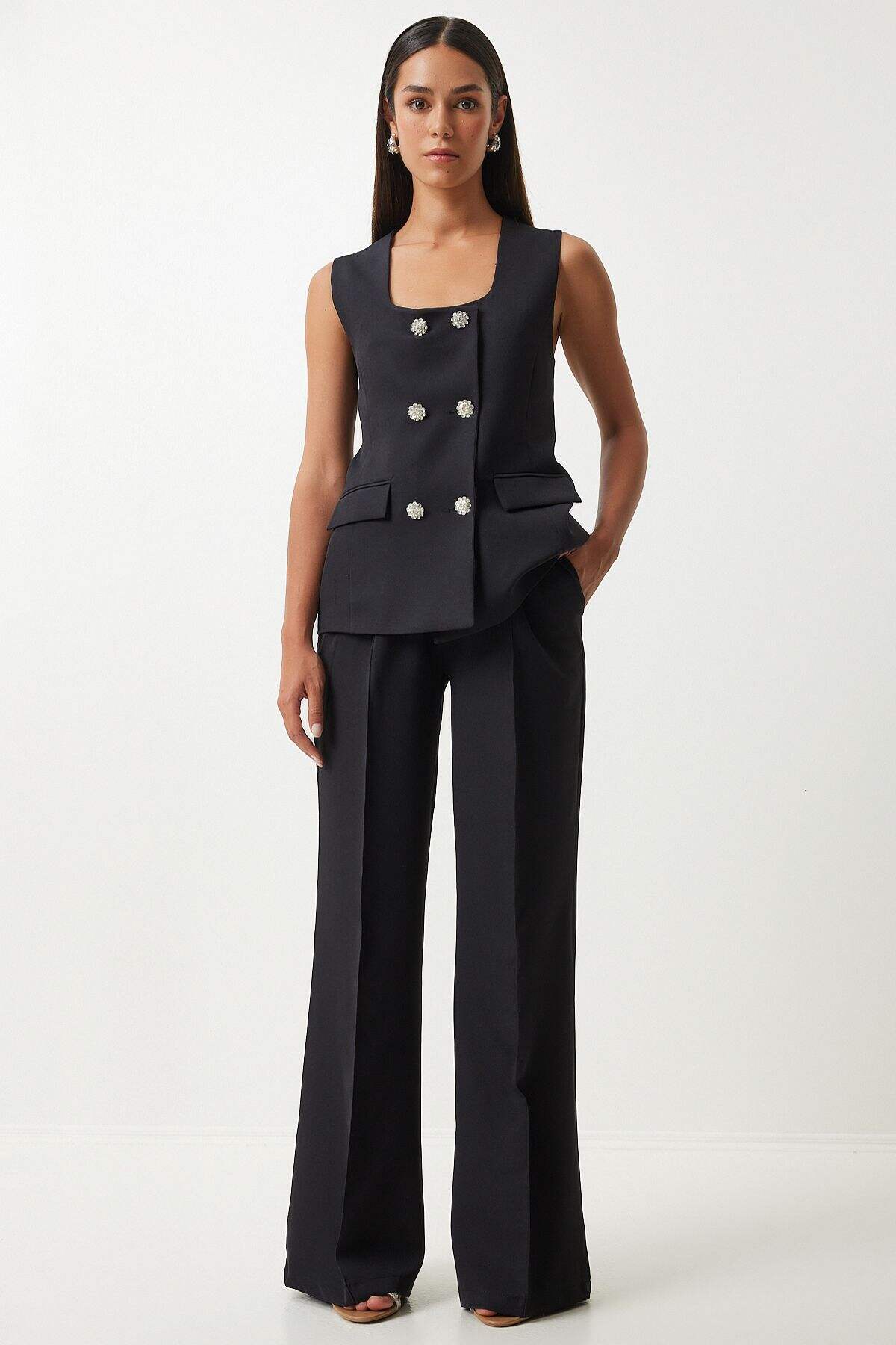 Silkcomo Elegant Black Double-Breasted Sleeveless Suit with Wide-Leg Trousers Set