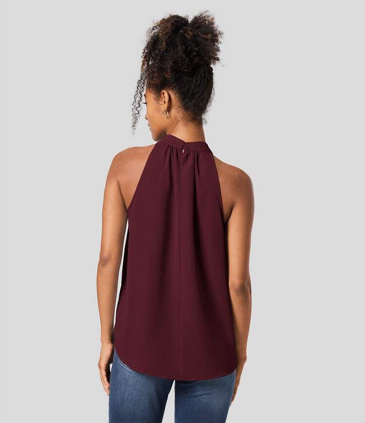 Keyhole Back Halter Plicated Sleeveless Curved Hem Work Blouse