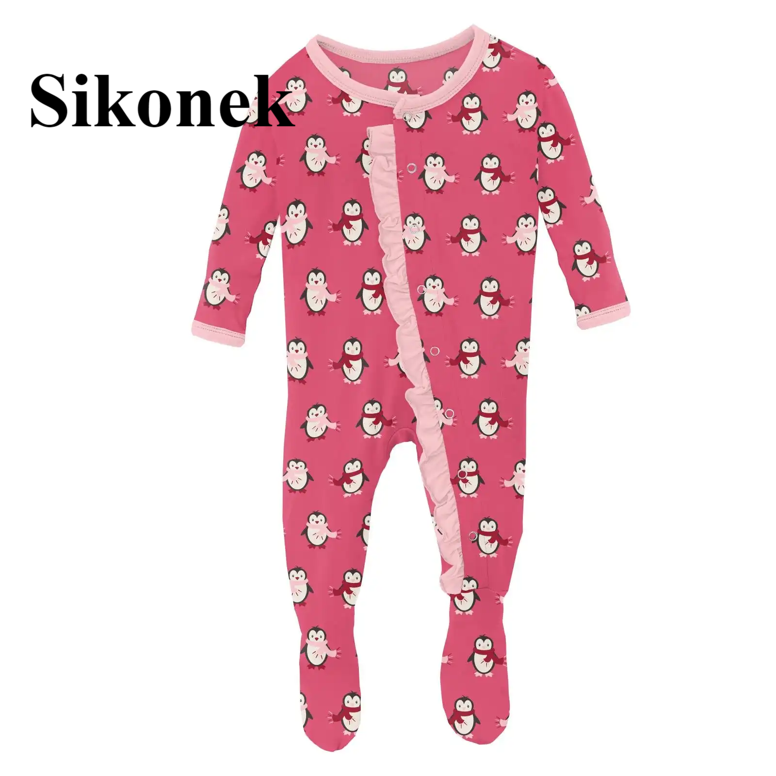 Print Classic Ruffle Footie with Snaps in Winter Rose Penguins