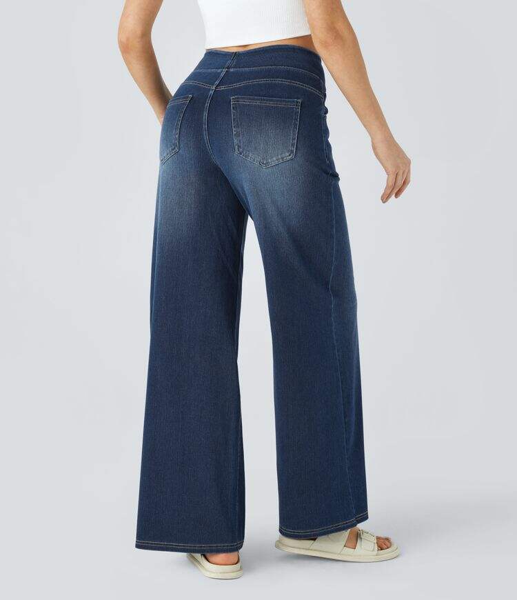 High Waisted Multiple Pockets Wide Leg Washed Stretchy Knit Casual Jeans