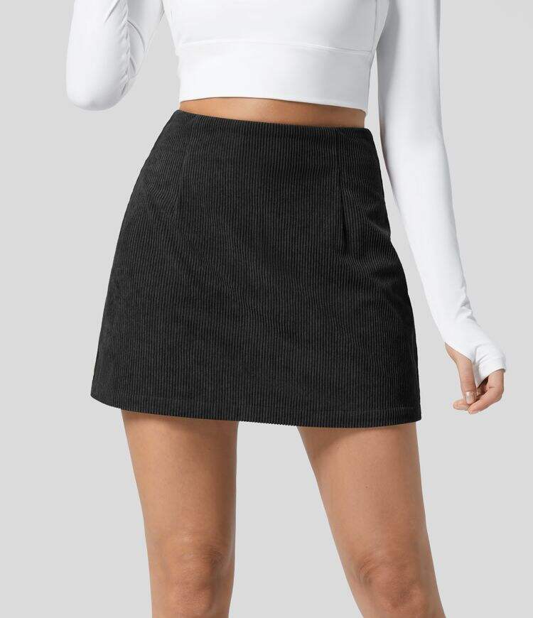 High Waisted Invisible Zipper 2-in-1 A Line Mini Corduroy Casual Skirt