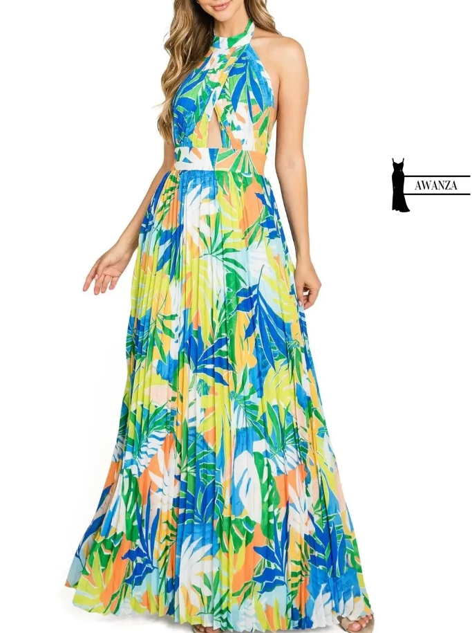 Tropical Print Halter Maxi Dress