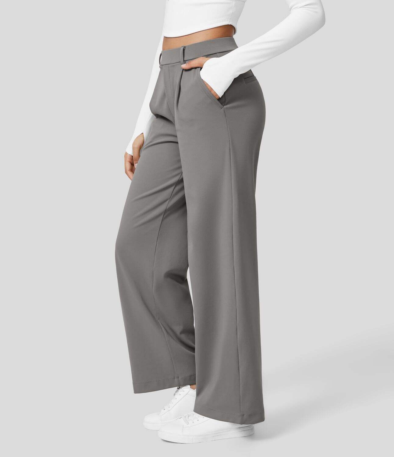 High Waisted Plicated Side Pocket Straight Leg Work Pants