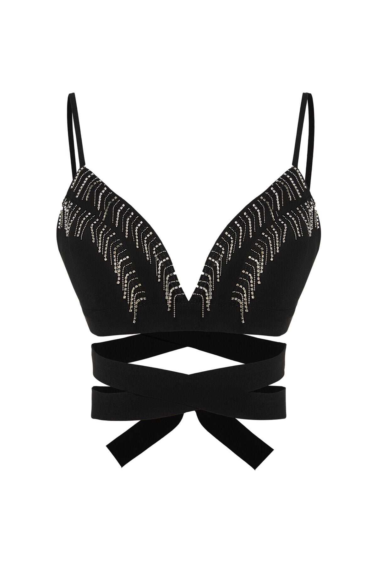 Silkcomo Black Embellished Crisscross Crop Top