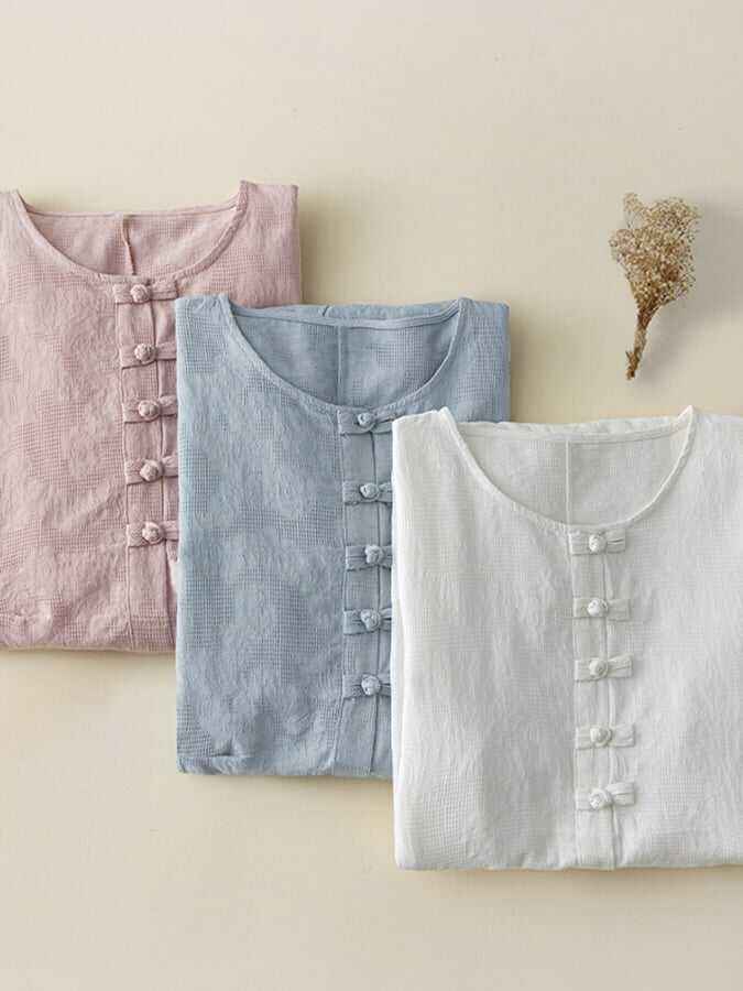 Ethnic Style Jacquard Retro Button Loose Cotton Linen Dress