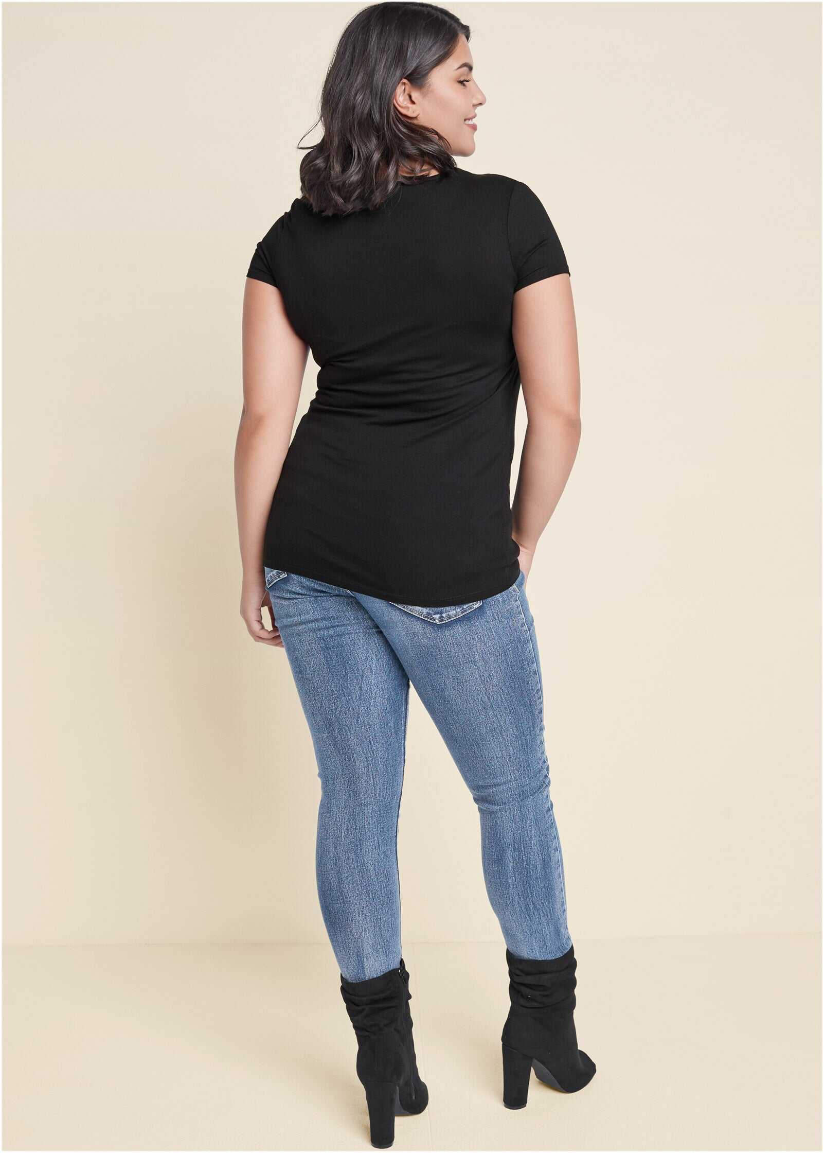 Mesh Detail V-Neck Top - Black