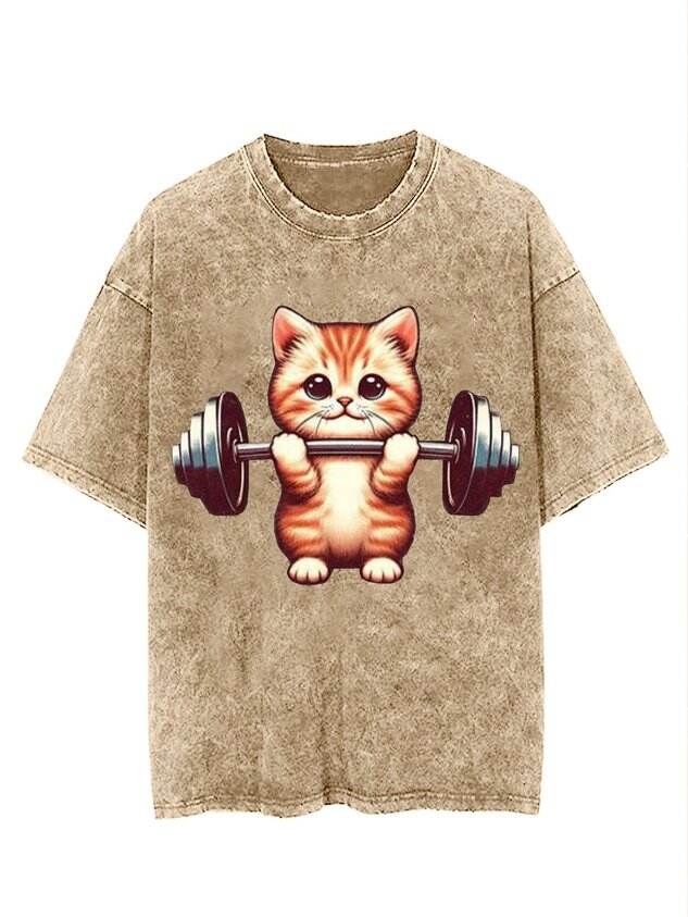 Funny and Cute Weightlifting Cat Print Washed T-Shirt 🐱💪