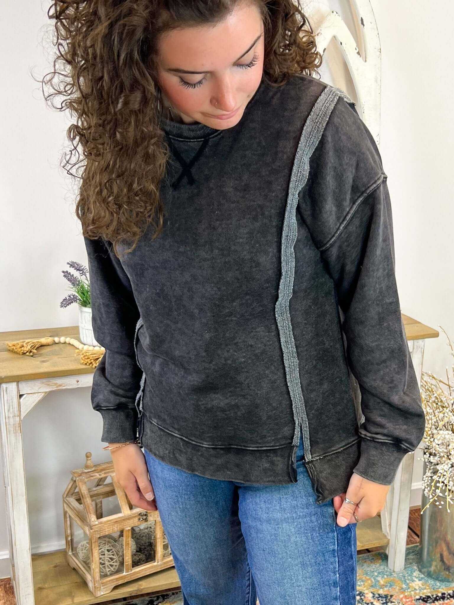 Comfy Crewneck Mineral Washed Sweatshirt Pullover - Black