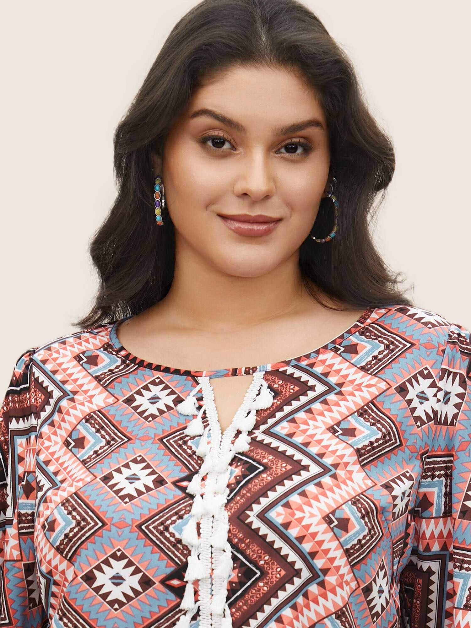 Bandana Keyhole Tassels Lace trim Blouse