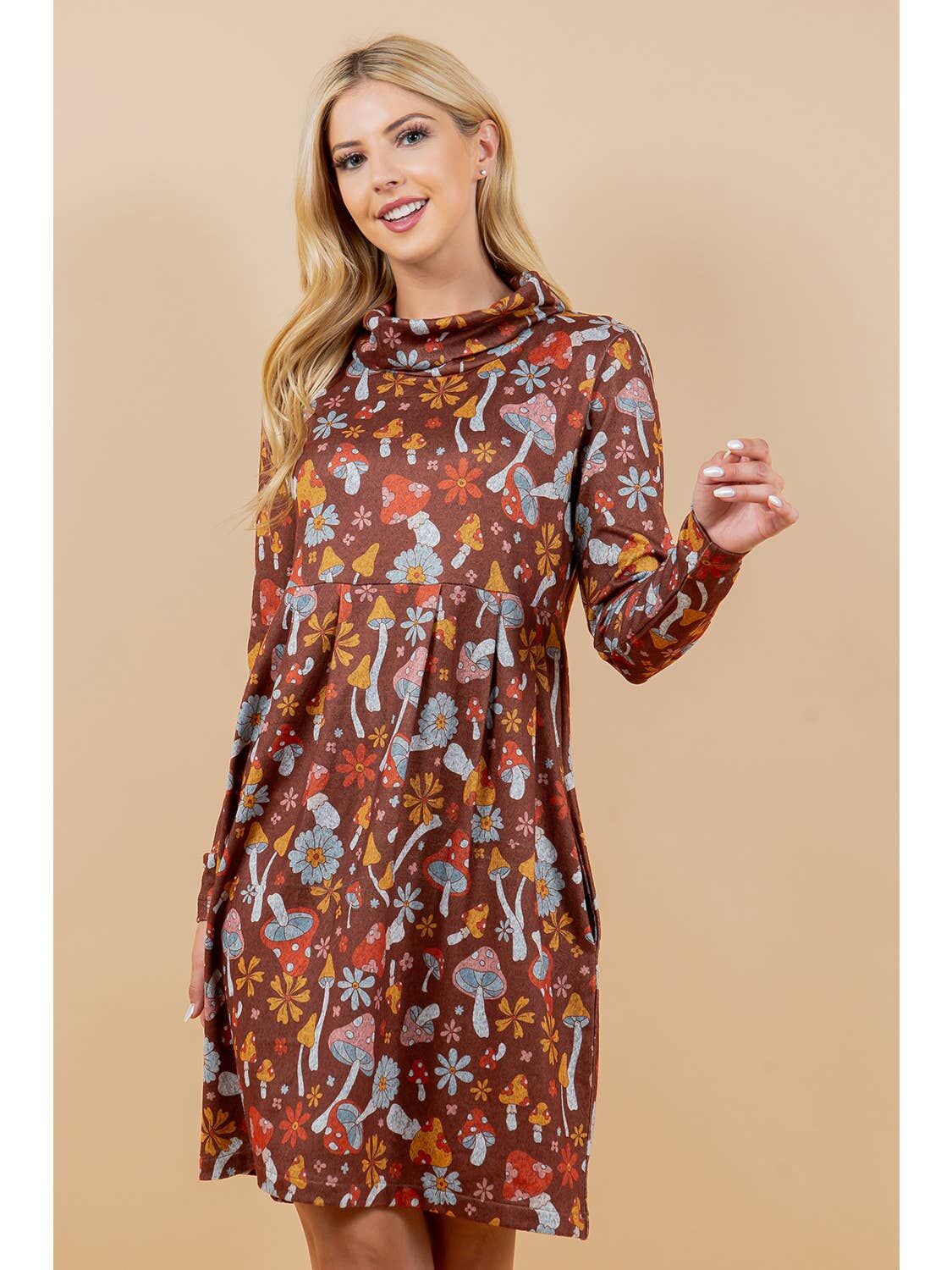 Brushed Hacci Hippy Mushroom Print Tunic Dress