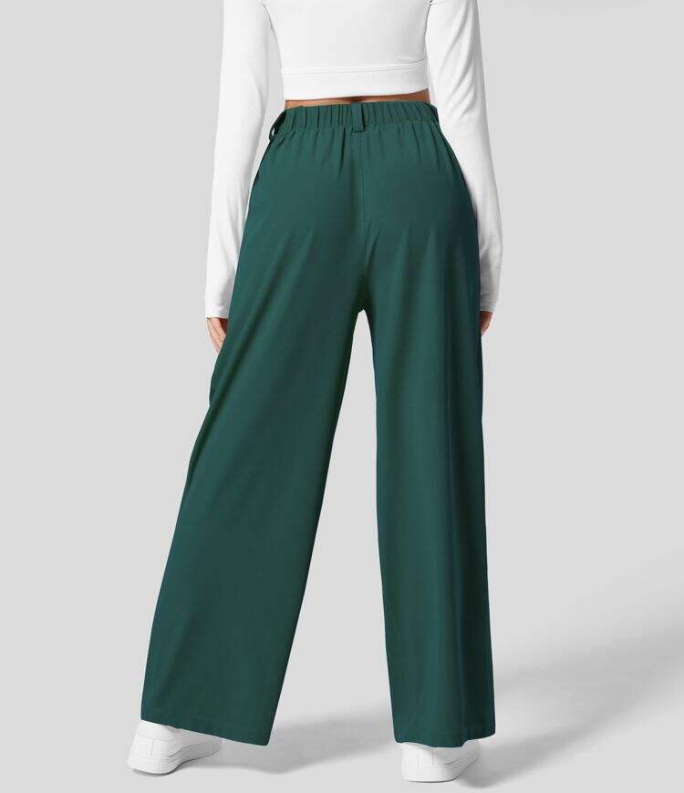 High Waisted Plicated Side Pocket Wide Leg Waffle Work Pants
