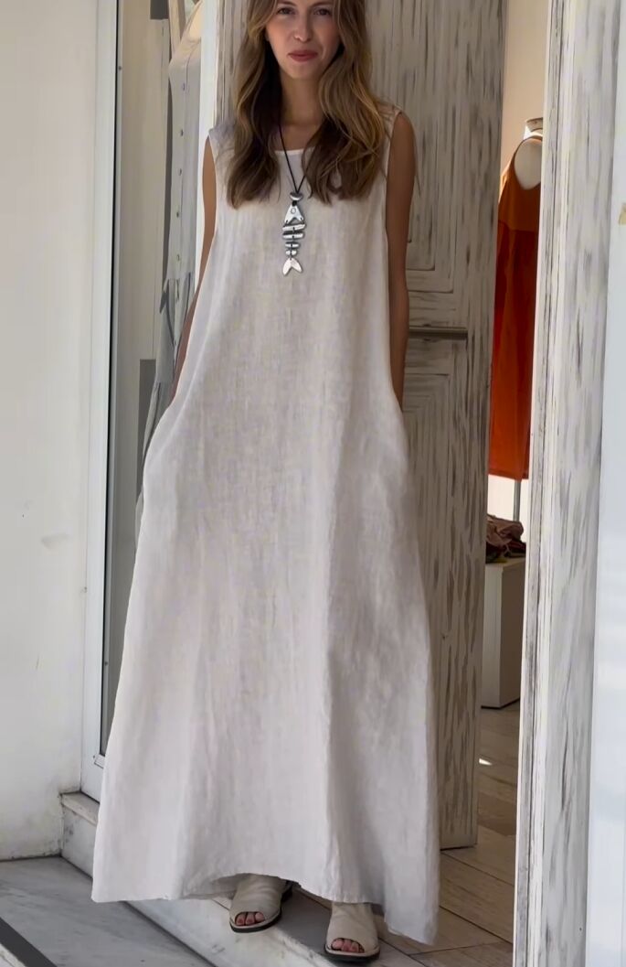 Casual cotton and linen long dress with pockets