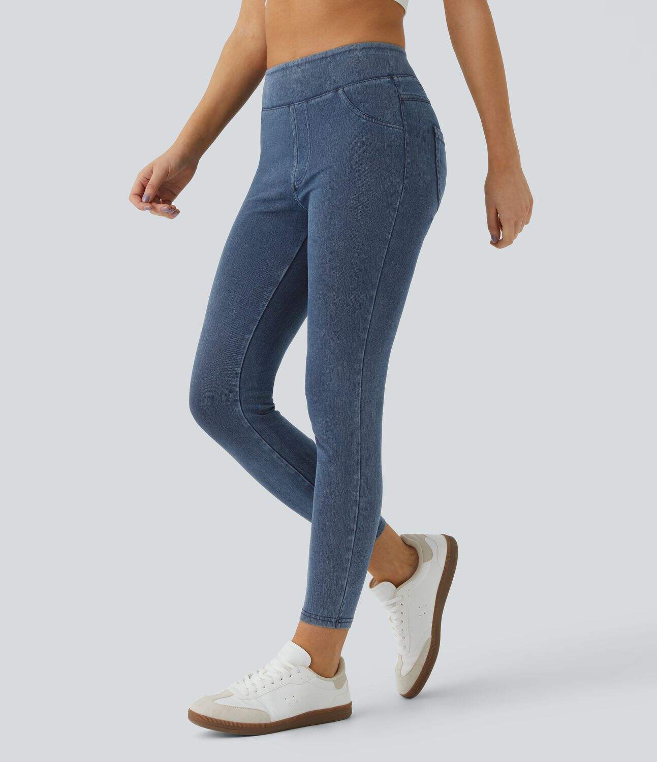 Ha High Waisted Back Side Pocket Stretchy Knit Denim Casual Leggings