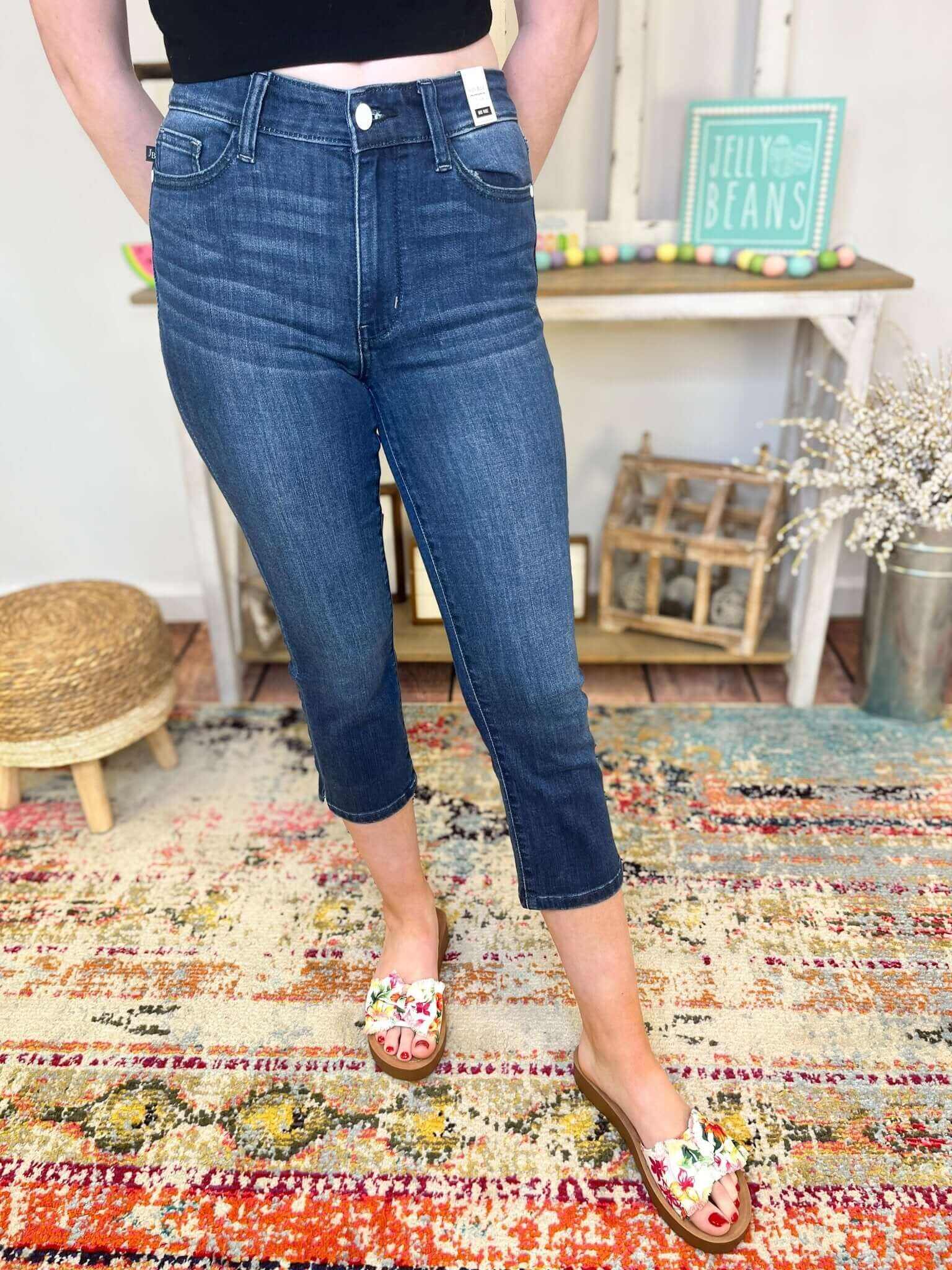 Judy Blue Dark Wash Skinny Fit Capri with Side Slit