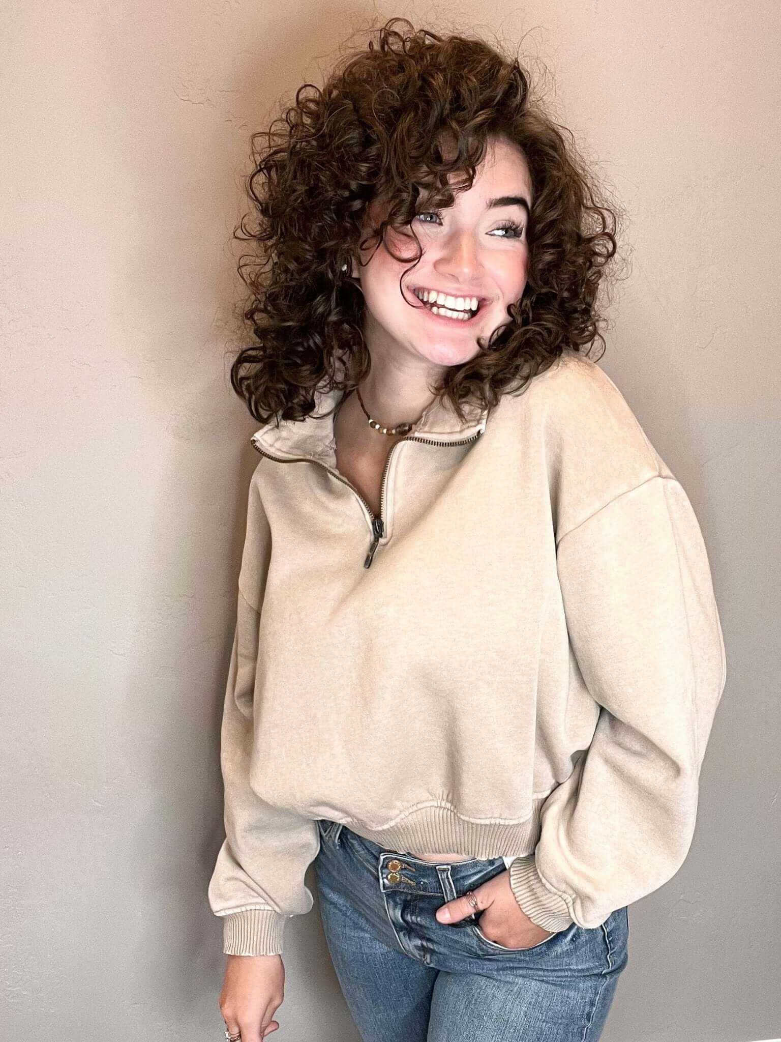 Cropped Acid Wash Half Zip Sweatshirt - Light Mocha