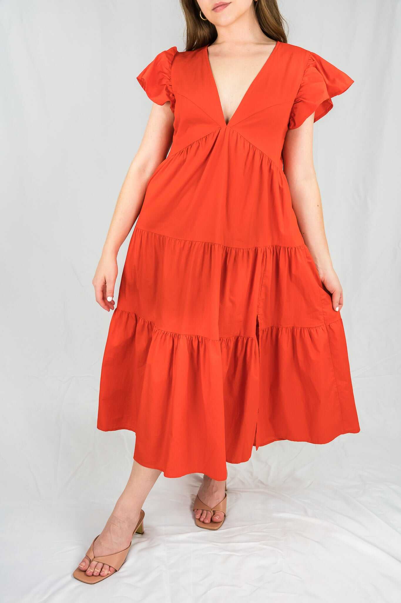 Flutter Sleeve V-Neck Tiered Dress