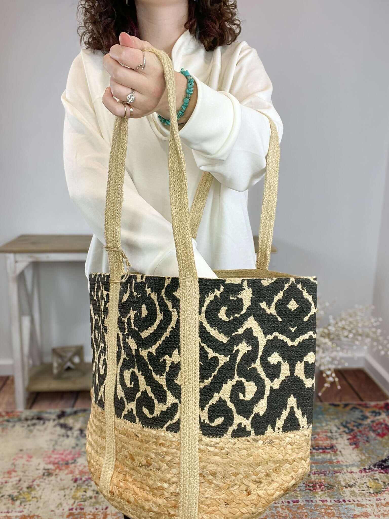 Black Geo Vines Painted June Shopper Jute Tote Bag