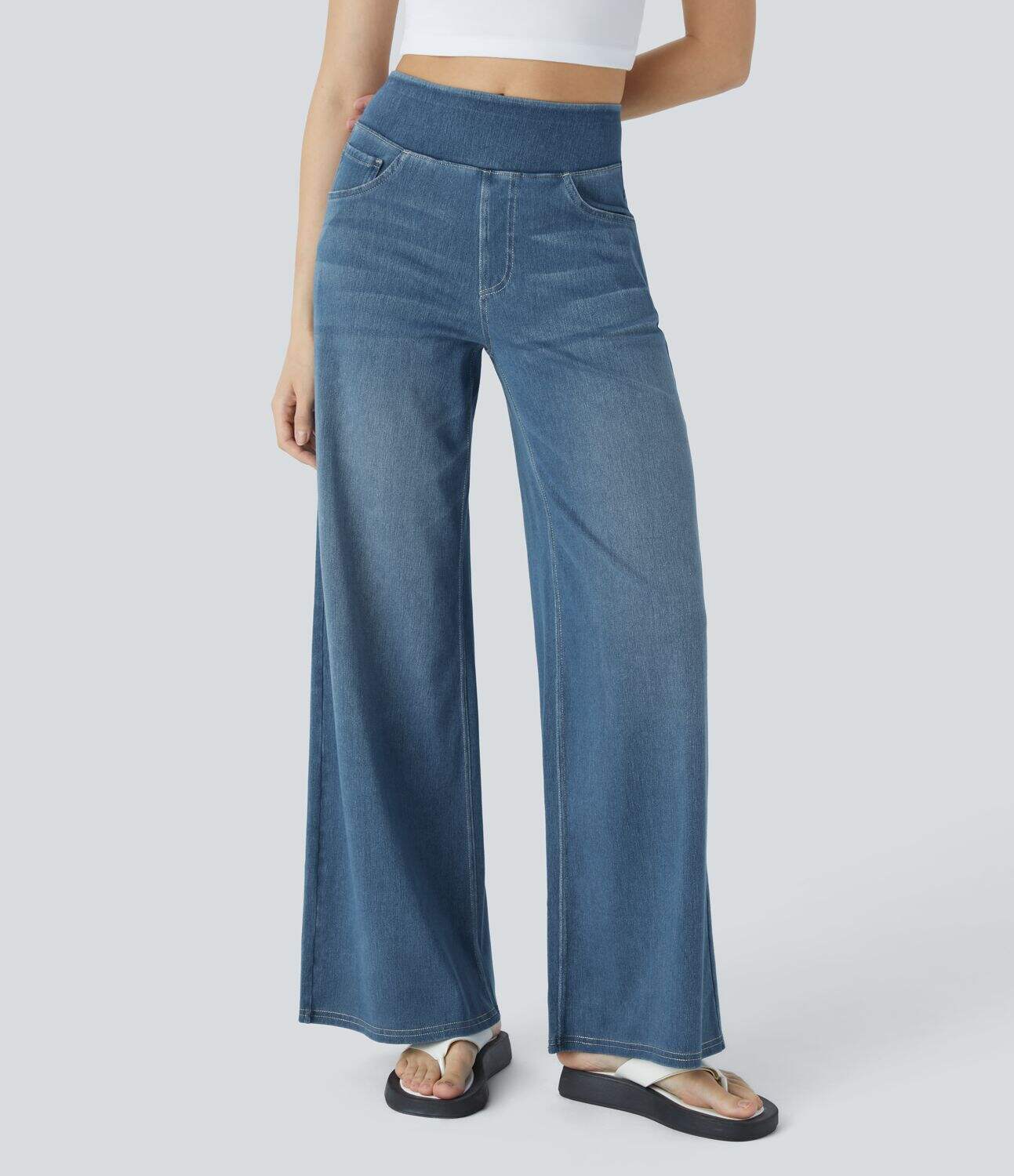 High Waisted Multiple Pockets Wide Leg Washed Stretchy Knit Casual Jeans