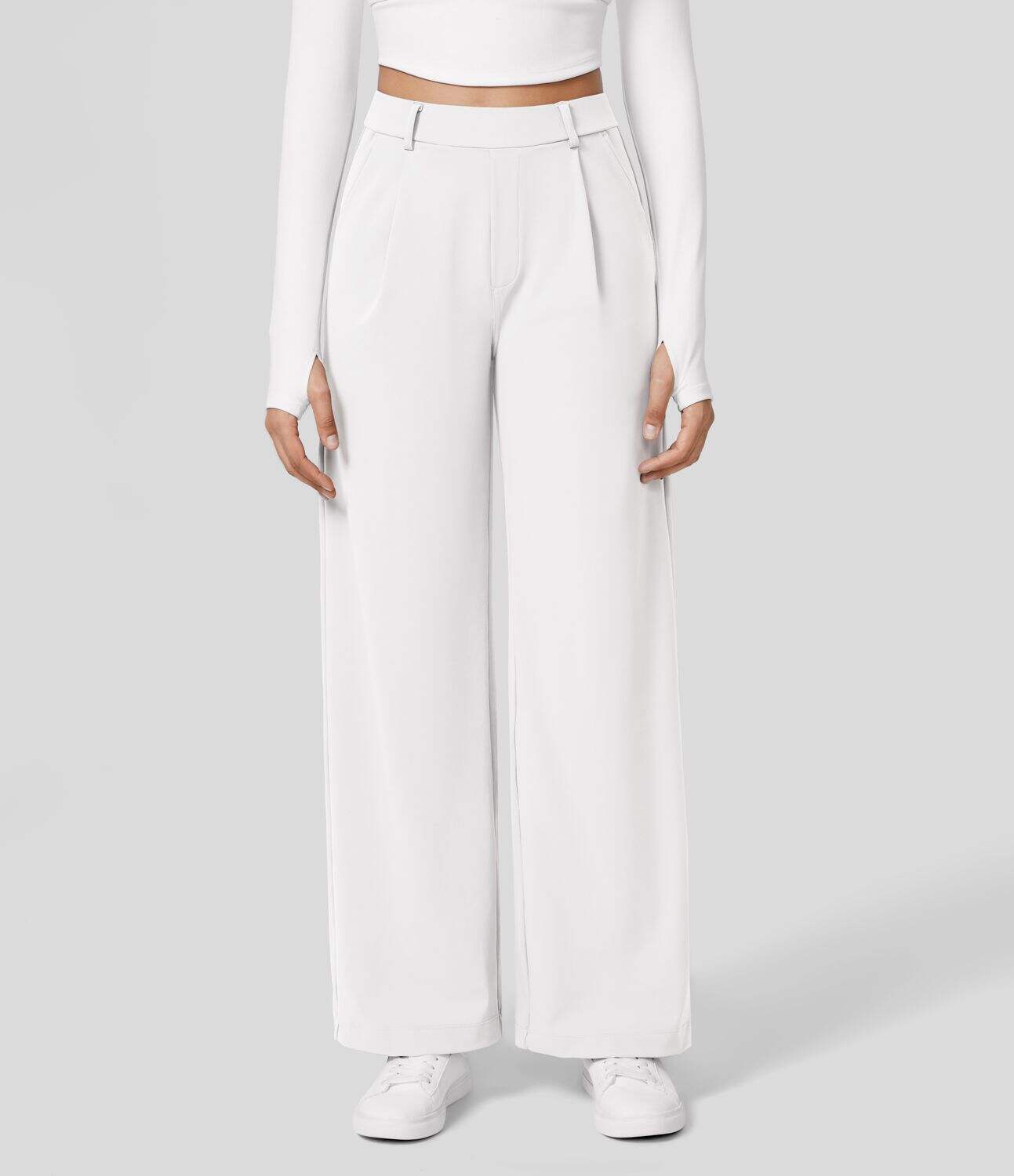 High Waisted Plicated Side Pocket Straight Leg Work Pants