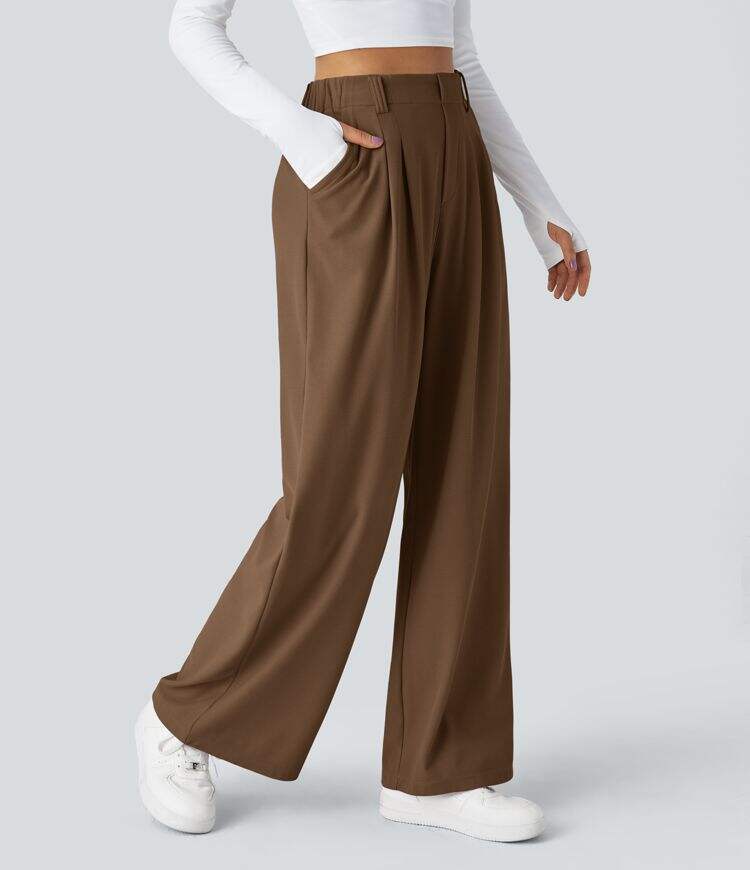 High Waisted Plicated Side Pocket Wide Leg Waffle Work Pants