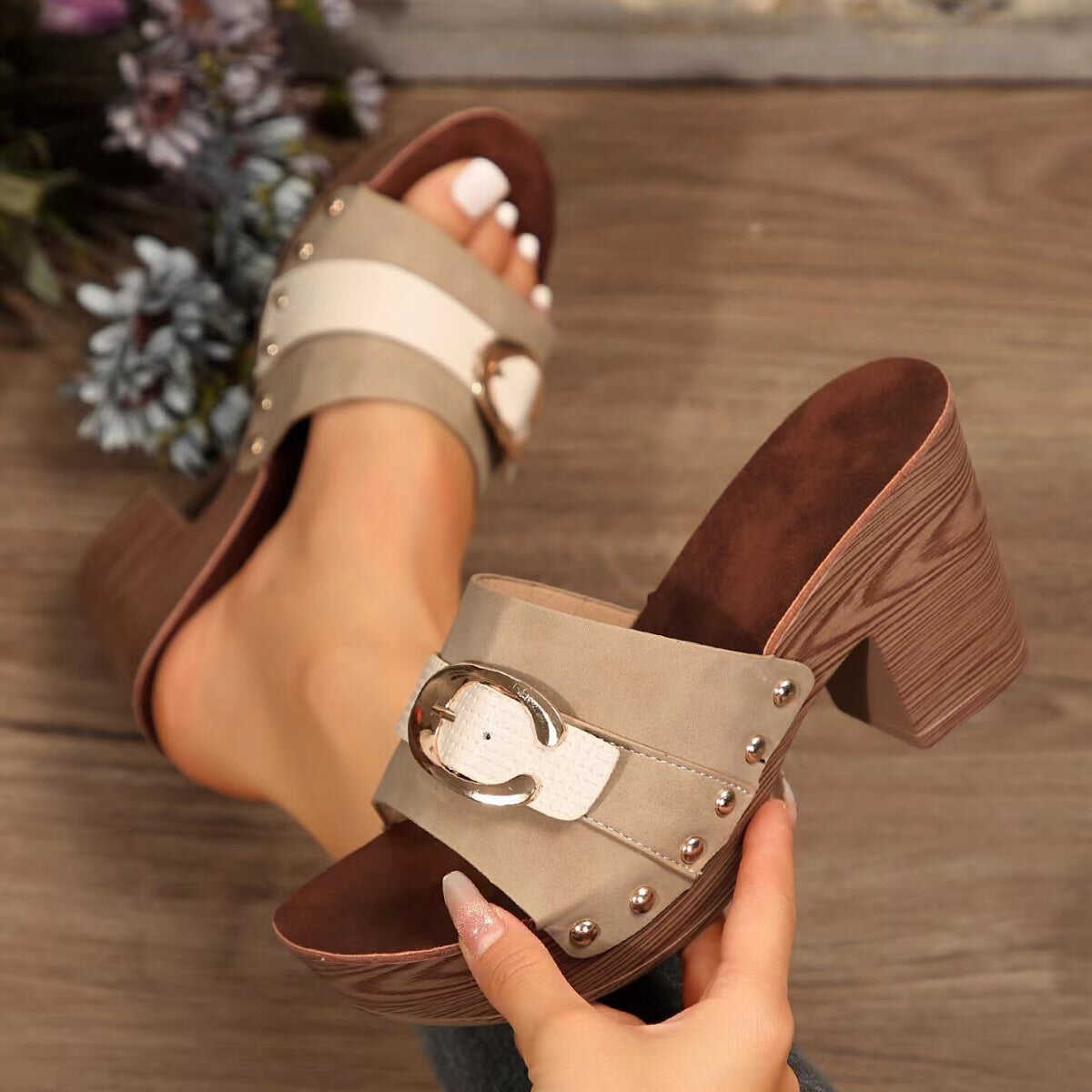 Buckle Trim Block Heel Sandals