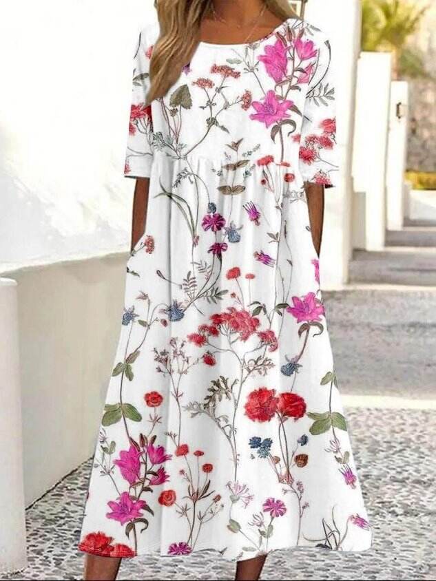 Loose Casual Floral Crew Neck Dress With No