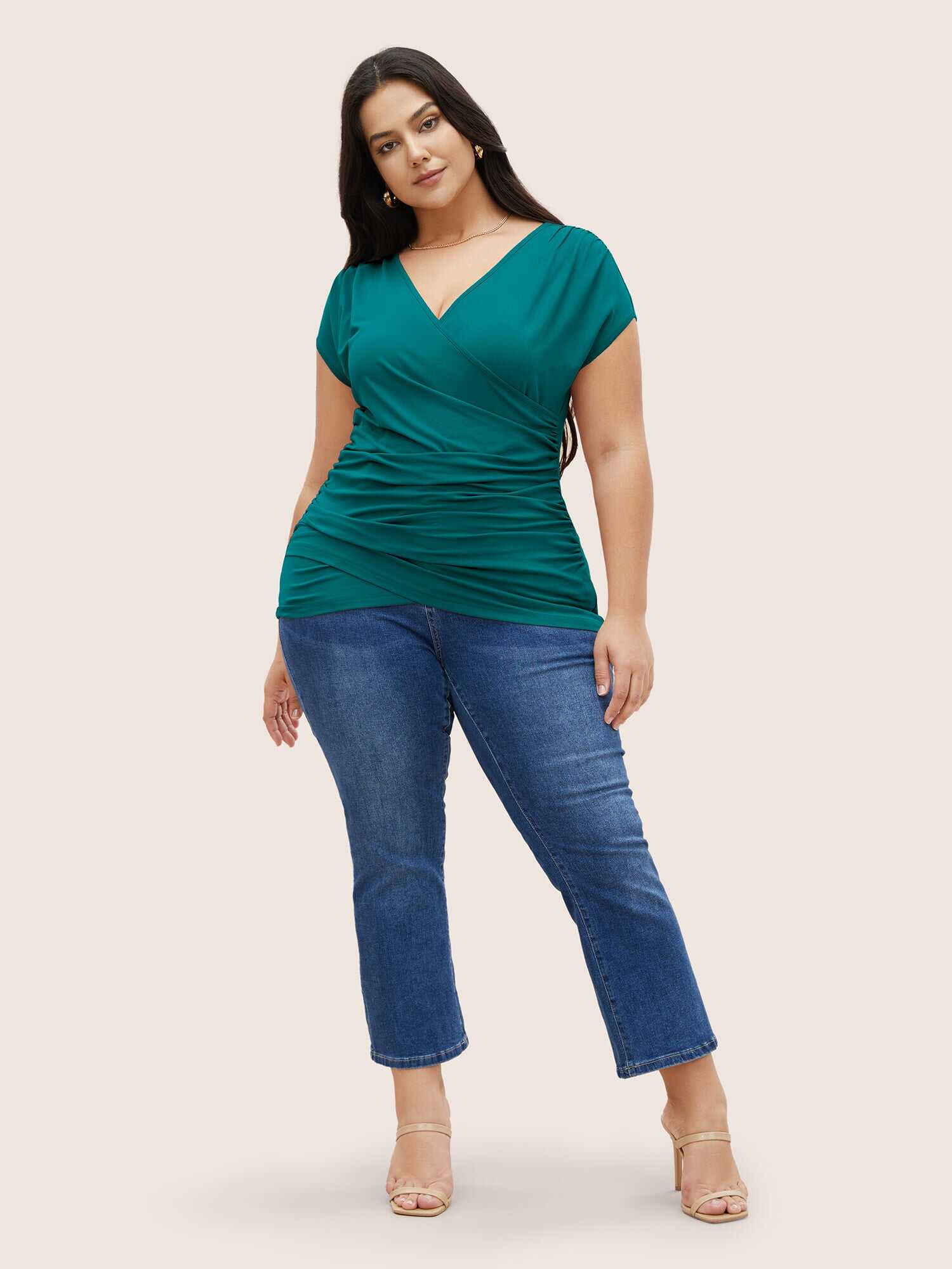 Plain Ruched Overlap Collar Dolman Sleeve Knit Top