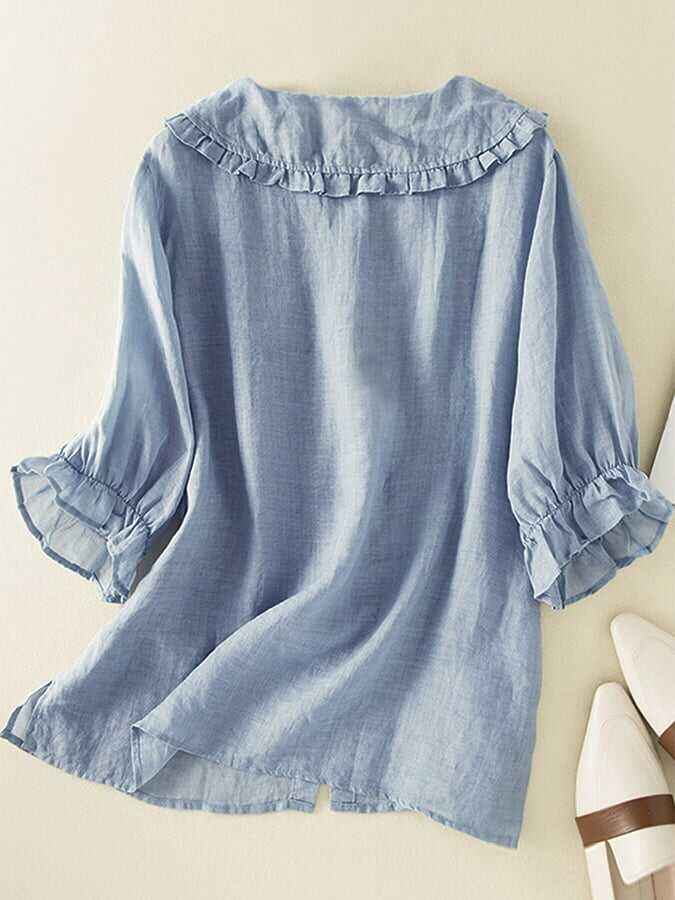 Cotton Linen Loose Peter Pan Ruffles Neck Shirt