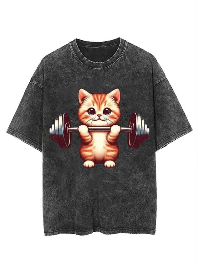 Funny and Cute Weightlifting Cat Print Washed T-Shirt 🐱💪