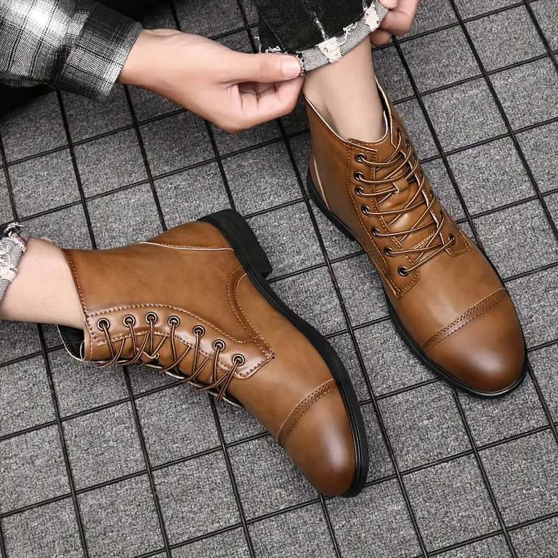 Italian Men's High-top Leather Boots Cap Toe Waterproof Wear-resistant Dress Boots Work Boots