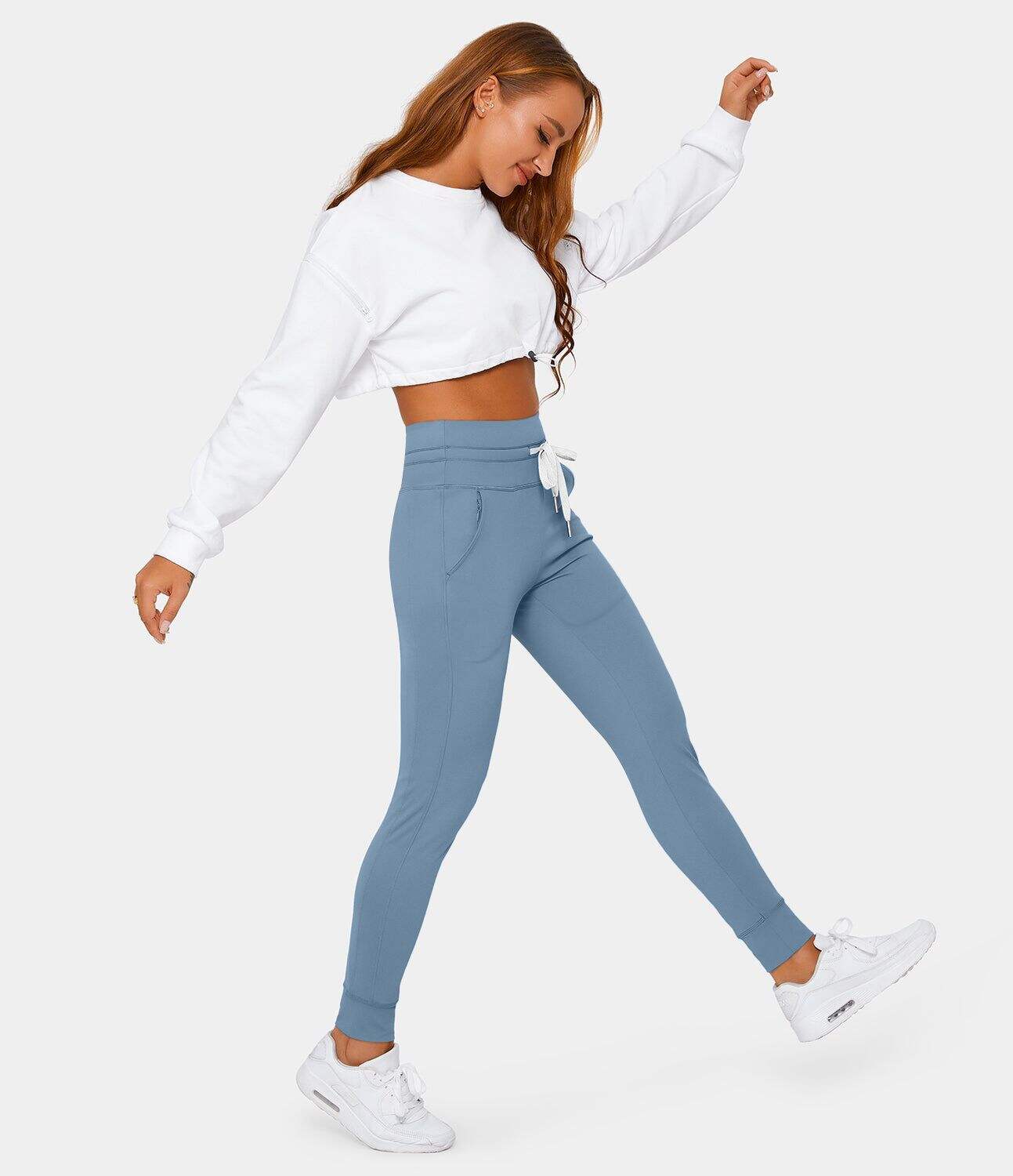 Airy High Waisted Drawstring Side Pocket Plain Cool Touch Full Length Joggers-UPF50+