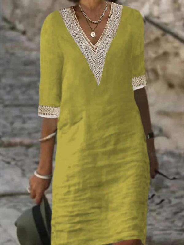 Solid Color V-neck Mid-sleeve Cotton and Linen Casual Dress
