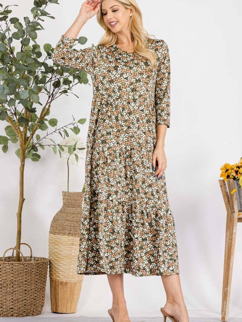 Floral Tiered 3/4 Sleeve Midi Dress