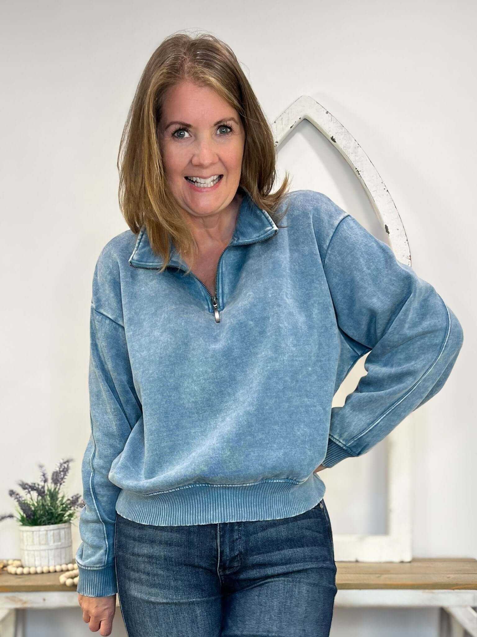Cropped Acid Wash Half Zip Sweatshirt - Blue Grey