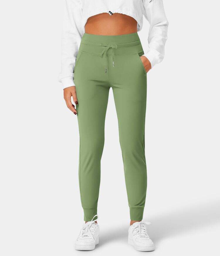 Airy High Waisted Drawstring Side Pocket Plain Cool Touch Full Length Joggers-UPF50+