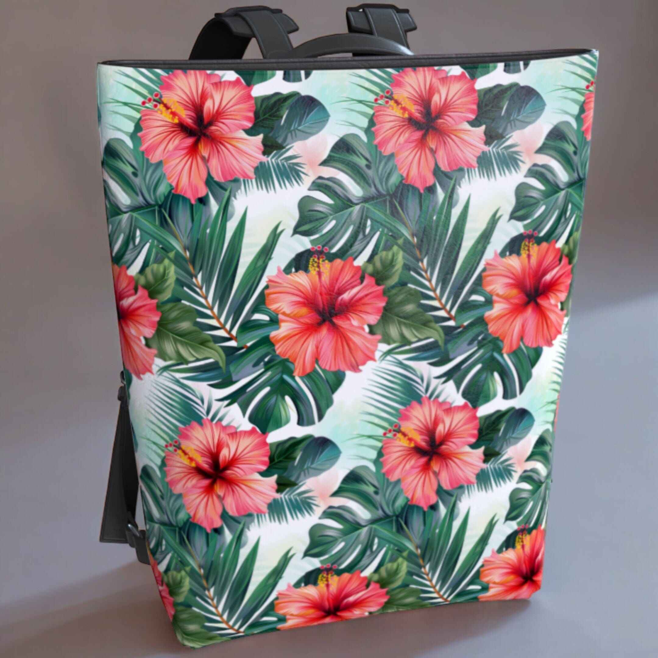 Vegan Leather Backpack, Floral Hibiscus