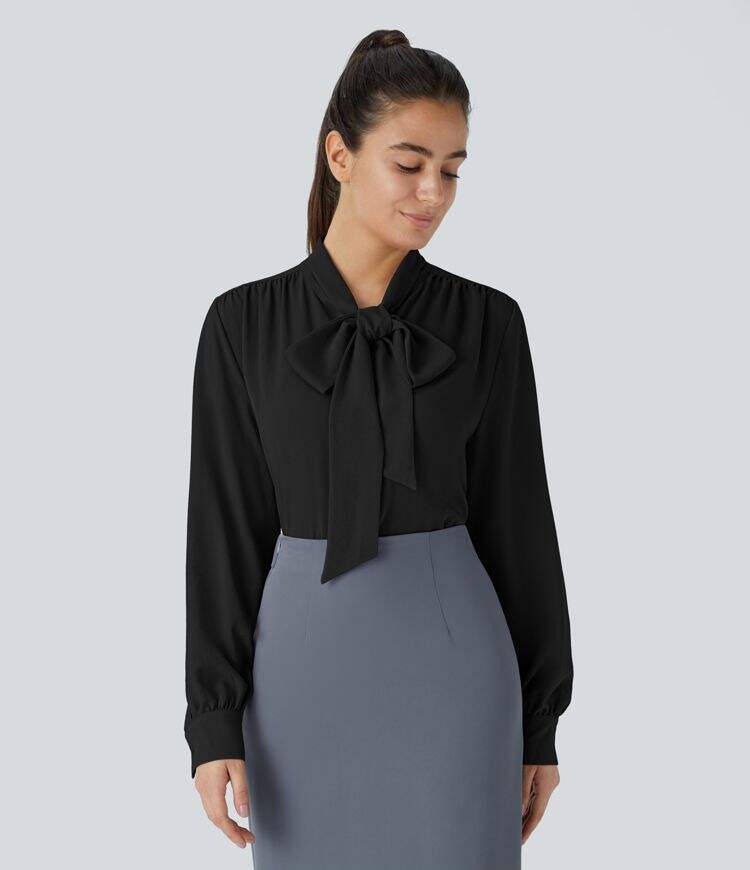 Tie Neck Plicated Long Sleeve Button Work Blouse