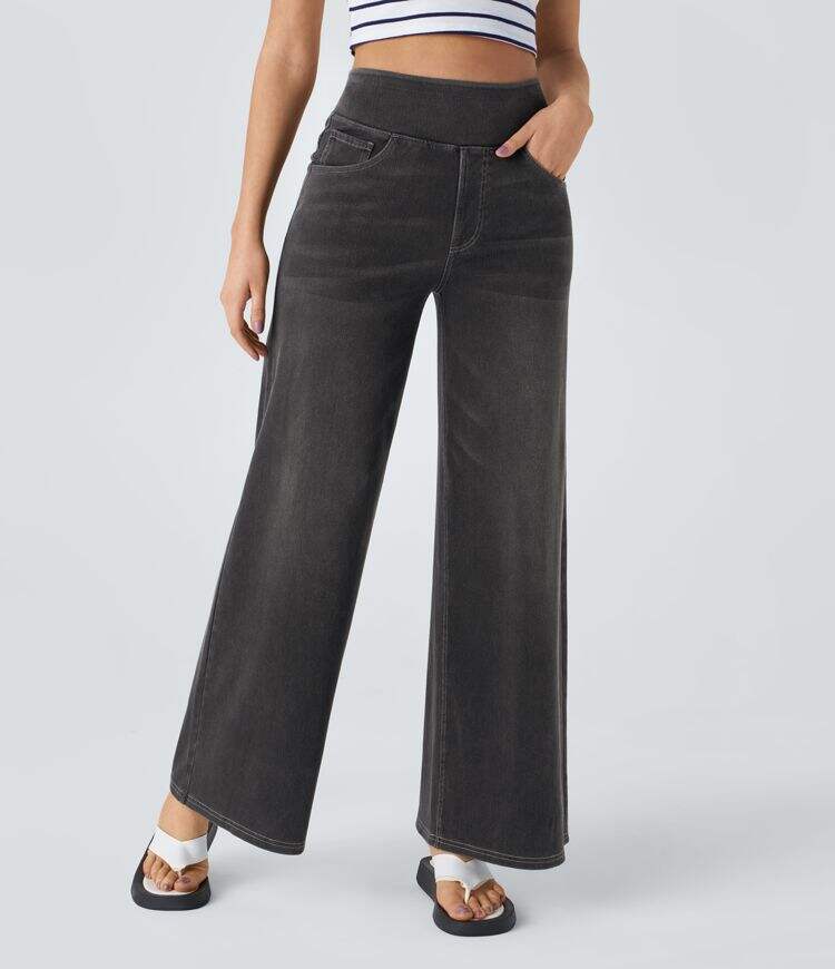 High Waisted Multiple Pockets Wide Leg Washed Stretchy Knit Casual Jeans