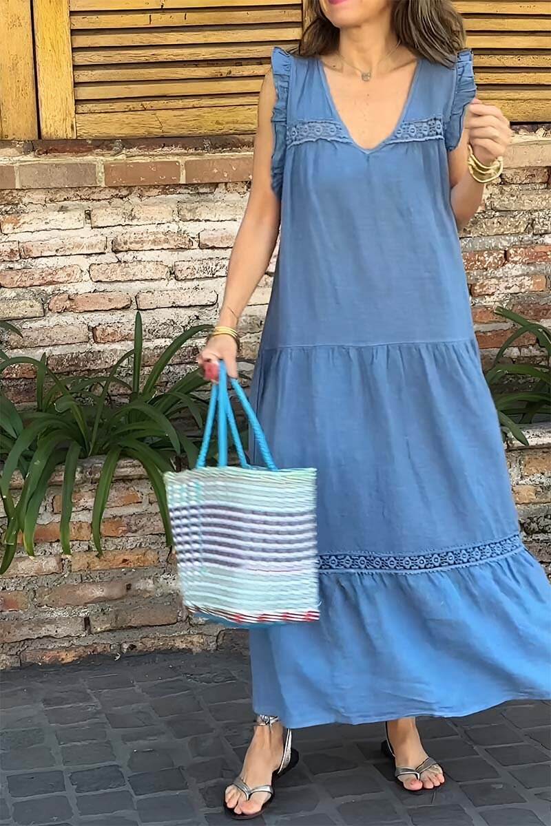 Cotton and linen lace V-neck dress