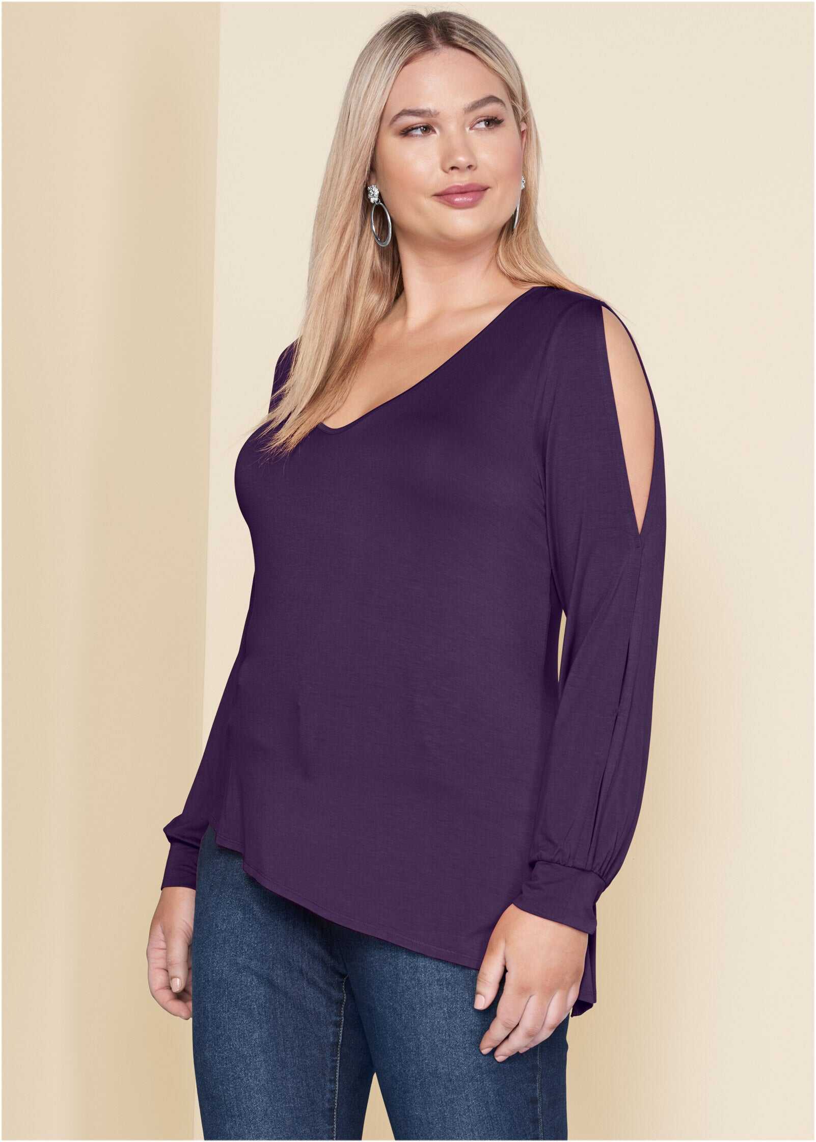 V-Neck Cold-Shoulder Top - Dark Purple