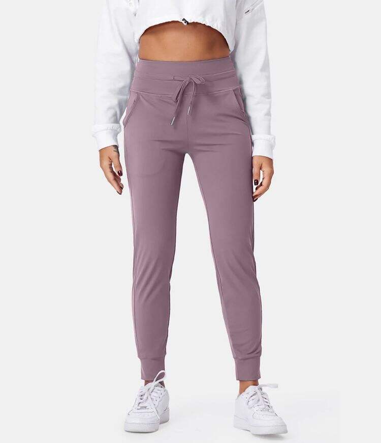 Airy High Waisted Drawstring Side Pocket Plain Cool Touch Full Length Joggers-UPF50+