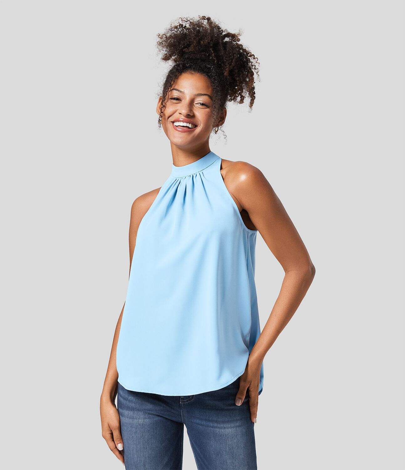 Keyhole Back Halter Plicated Sleeveless Curved Hem Work Blouse