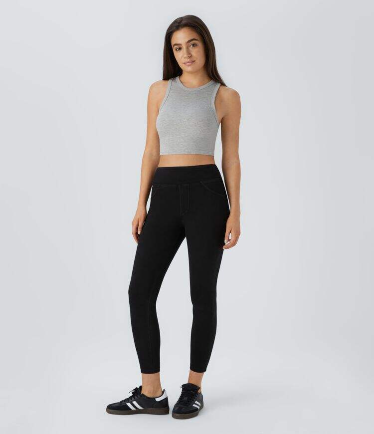 Ha High Waisted Back Side Pocket Stretchy Knit Denim Casual Leggings