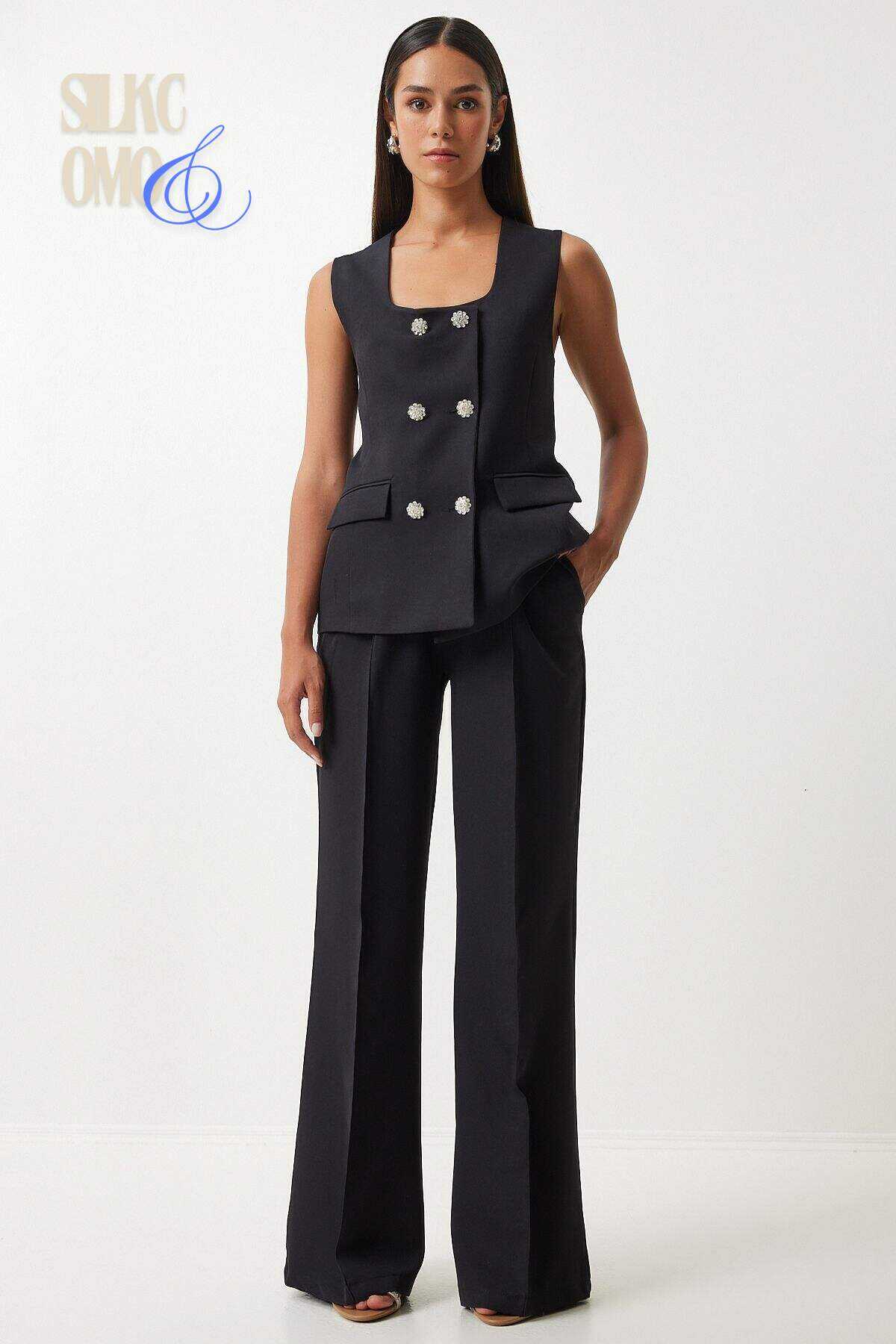 Silkcomo Elegant Black Double-Breasted Sleeveless Suit with Wide-Leg Trousers Set