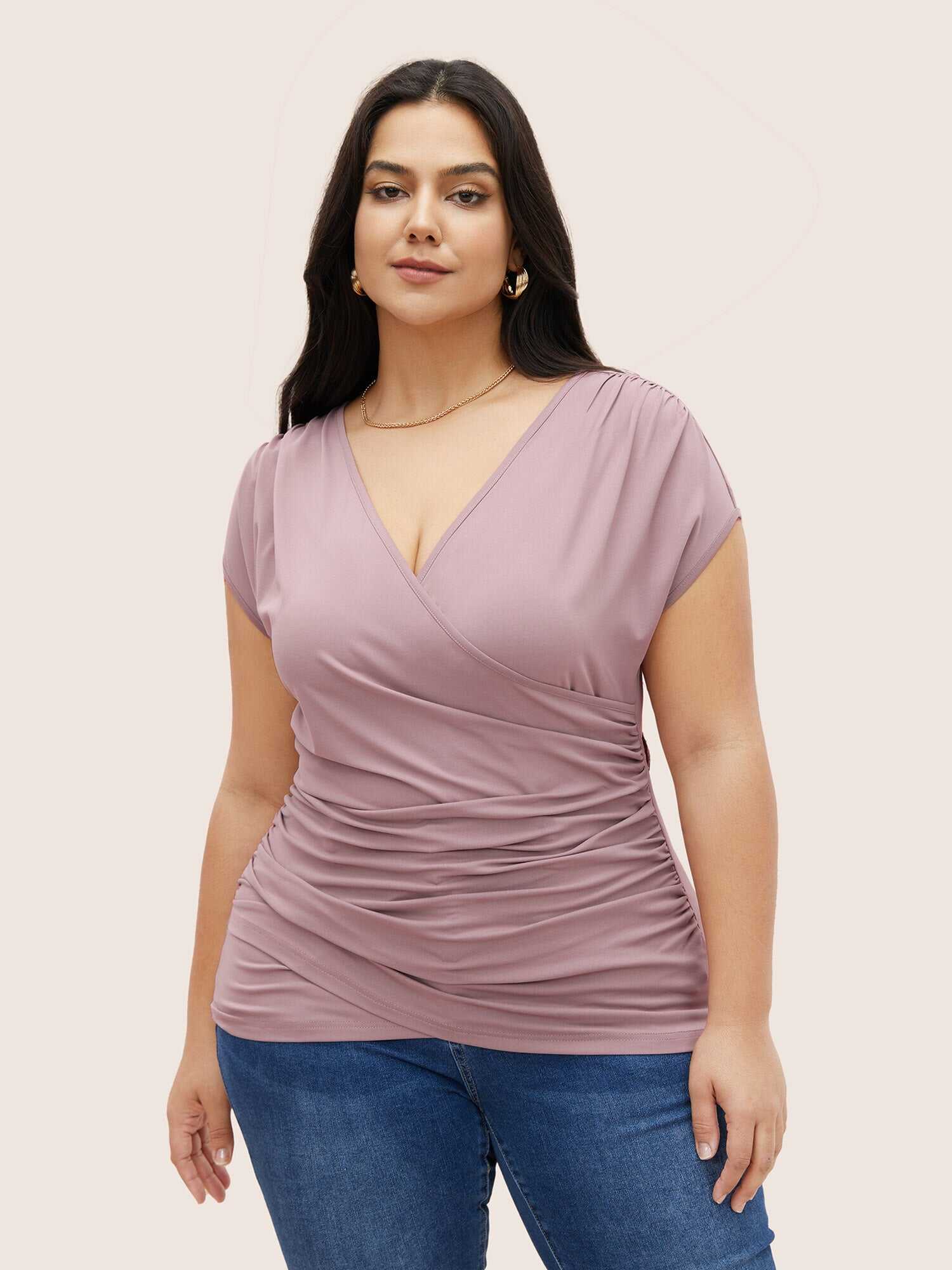 Plain Ruched Overlap Collar Dolman Sleeve Knit Top