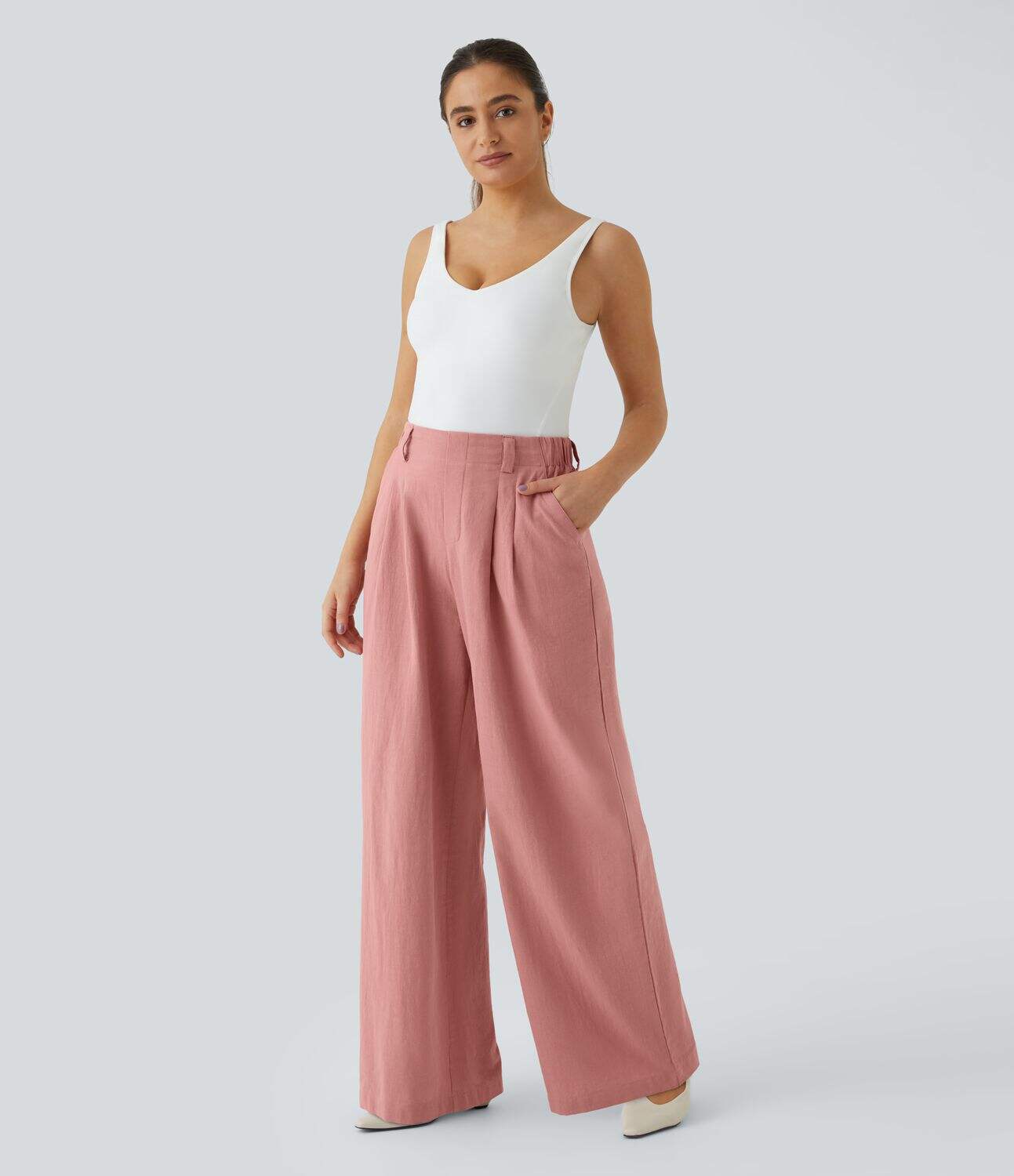 High Waisted Plicated Side Pocket Wide Leg Flowy Solid Palazzo Casual Linen-Feel Pants