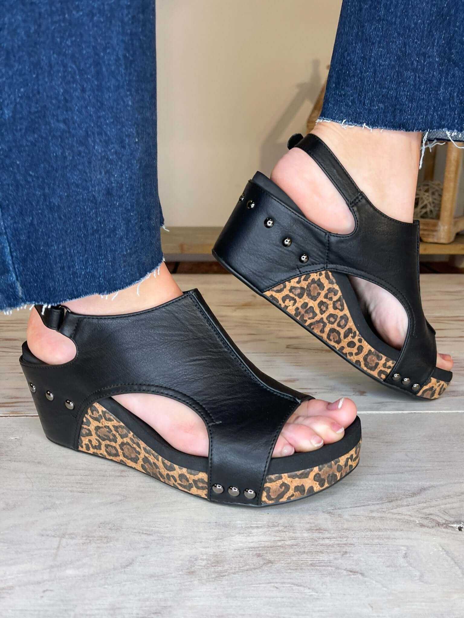 Corky's Footwear Carley Wedge Sandal - Black Smooth Leopard
