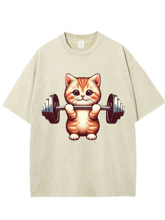 Funny and Cute Weightlifting Cat Print Washed T-Shirt 🐱💪