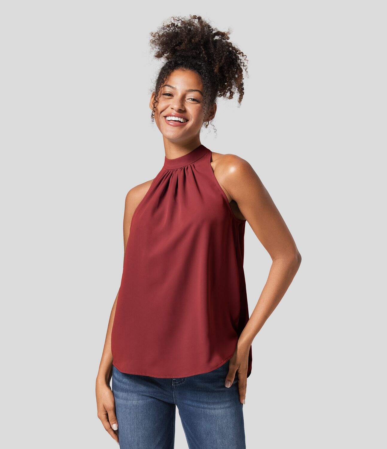 Keyhole Back Halter Plicated Sleeveless Curved Hem Work Blouse